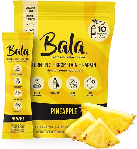 عبوة مزيج مشروب الكركم المرطب من BALA | مسحوق إلكتروليت خالي من السكر، تعافي العضلات، دعم المناعة، تخفيف المفاصل | إنزيمات نباتية، بروميلين - أناناس (30 عبوة) in Kuwait