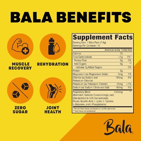 عبوة مزيج مشروب الكركم المرطب من BALA | مسحوق إلكتروليت خالي من السكر، تعافي العضلات، دعم المناعة، تخفيف المفاصل | إنزيمات نباتية، بروميلين - أناناس (30 عبوة) in Kuwait