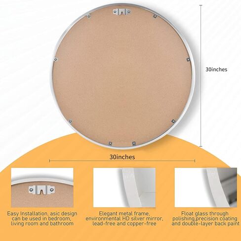 مرآة دائرية من QDSSDECO - مرآة مستديرة مقاس 30 بوصة بإطار معدني، مرآة حائط كبيرة مرآة حمام معلقة للمداخل والحمام وغرفة النوم وغرفة المعيشة، فضية in Kuwait