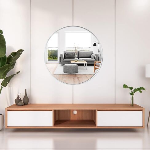 مرآة دائرية من QDSSDECO - مرآة مستديرة مقاس 30 بوصة بإطار معدني، مرآة حائط كبيرة مرآة حمام معلقة للمداخل والحمام وغرفة النوم وغرفة المعيشة، فضية in Kuwait