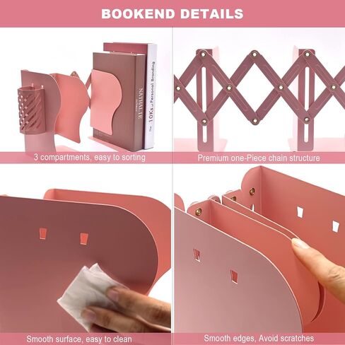 Book Ends, Adjustable Bookends Book Holders for Shelves, Desk Magazine File Organizer Holder for Office, Books, Papers, Extends up to 19 inches.Scratch-Resistant Hand Coating-Pink in Saudi Arabia