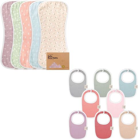 KeaBabies 5-Pack Organic Muslin Baby Burp Cloths and 8-Pack Organic Baby Bibs for Girls & Boys - Bamboo Viscose Cotton Burp Cloth - Teething Baby Bibs for Boy, Girl - Burp Rags - Newborn Bibs for Baby in Saudi Arabia