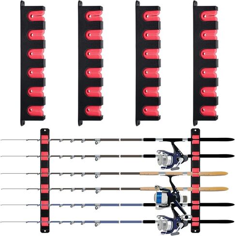 Fishing Rod Holder Wall Mount Fishing Rod Holder for Garage 13.6 Inch Vertical Fishing Pole Holder 6 Fishing Rod Rack for Fishing Boat Garage Wall Accessories(Red Horizontal, 4 Pieces) in Saudi Arabia
