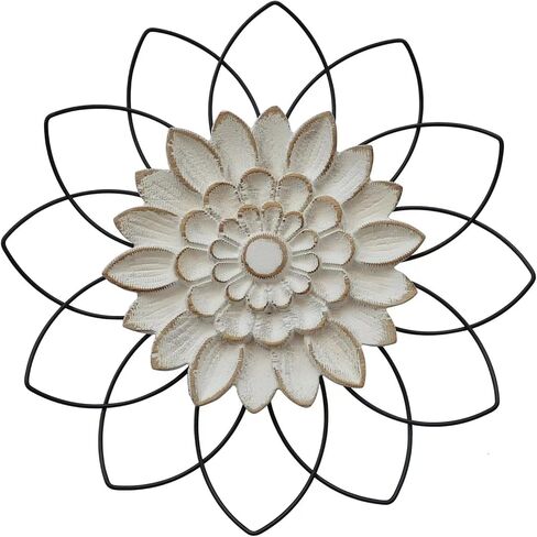 White wash white wood flower sculpture, surrounded by layered wire petals made of outline, portable for bedroom, kitchen, living room, bathroom, office, corridor, etc... (Washed white) in Kuwait