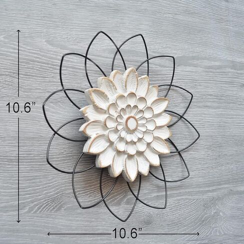 White wash white wood flower sculpture, surrounded by layered wire petals made of outline, portable for bedroom, kitchen, living room, bathroom, office, corridor, etc... (Washed white) in Kuwait