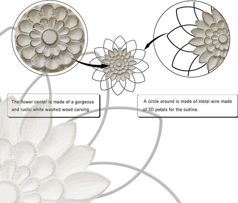 White wash white wood flower sculpture, surrounded by layered wire petals made of outline, portable for bedroom, kitchen, living room, bathroom, office, corridor, etc... (Washed white) in Kuwait