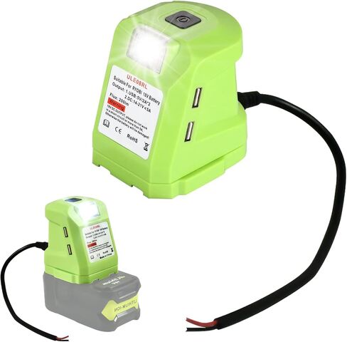 محول عجلة طاقة بطارية P743 USB لبطارية Ryobi 18 فولت مع ضوء عمل LED محمول، مزدوج USB 2.1A شحن سريع مصباح يدوي مثالي لطوارئ الأعاصير والمشي لمسافات طويلة والتخييم in Kuwait