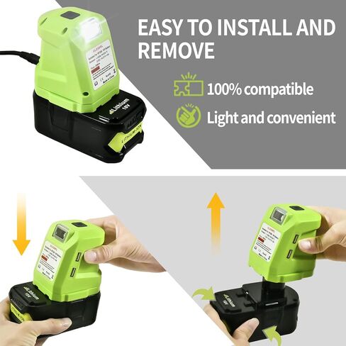 محول عجلة طاقة بطارية P743 USB لبطارية Ryobi 18 فولت مع ضوء عمل LED محمول، مزدوج USB 2.1A شحن سريع مصباح يدوي مثالي لطوارئ الأعاصير والمشي لمسافات طويلة والتخييم in Kuwait