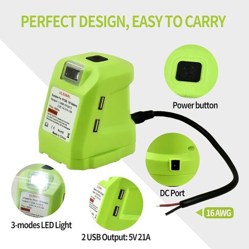 محول عجلة طاقة بطارية P743 USB لبطارية Ryobi 18 فولت مع ضوء عمل LED محمول، مزدوج USB 2.1A شحن سريع مصباح يدوي مثالي لطوارئ الأعاصير والمشي لمسافات طويلة والتخييم in Kuwait