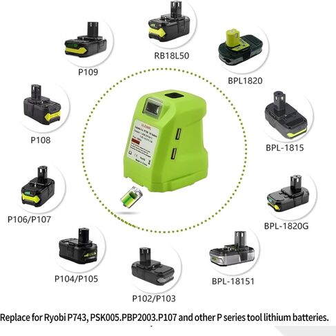 محول عجلة طاقة بطارية P743 USB لبطارية Ryobi 18 فولت مع ضوء عمل LED محمول، مزدوج USB 2.1A شحن سريع مصباح يدوي مثالي لطوارئ الأعاصير والمشي لمسافات طويلة والتخييم in Kuwait