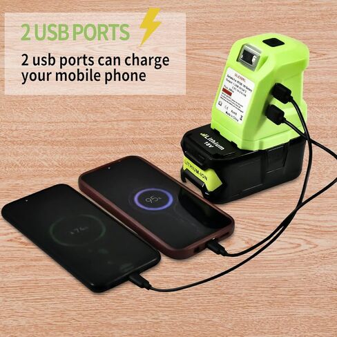 محول عجلة طاقة بطارية P743 USB لبطارية Ryobi 18 فولت مع ضوء عمل LED محمول، مزدوج USB 2.1A شحن سريع مصباح يدوي مثالي لطوارئ الأعاصير والمشي لمسافات طويلة والتخييم in Kuwait