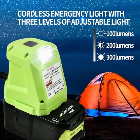 محول عجلة طاقة بطارية P743 USB لبطارية Ryobi 18 فولت مع ضوء عمل LED محمول، مزدوج USB 2.1A شحن سريع مصباح يدوي مثالي لطوارئ الأعاصير والمشي لمسافات طويلة والتخييم in Kuwait