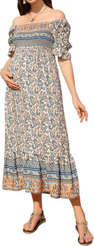 FUNJULY Maternity Dress Womens Off Shoulder Smocked Maxi Dress Casual Boho Floral Print Beach Dress for Babyshower Photoshoot in Saudi Arabia
