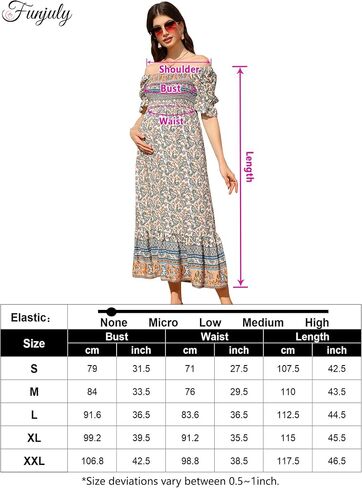 FUNJULY Maternity Dress Womens Off Shoulder Smocked Maxi Dress Casual Boho Floral Print Beach Dress for Babyshower Photoshoot in Saudi Arabia