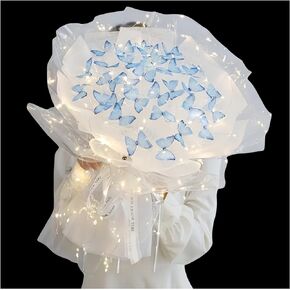 Aiouclay Artificial Flowers, DIY Flower Art Craft Kit, 33 Pcs Butterfly Flower Bouquets with LED String Lights, Beginner Craft Kit, Floral Gifts or Wedding Birthday Party(White)