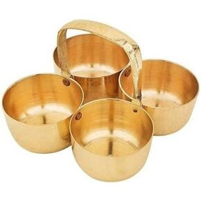 Tarini Gallery Brass Handmade Kankavati Pital Roli Chawal Platter Set Haldi Kumkum small Dabbi attached thali with lid Puja Plate for Tilak for Home Mandir Temple Pooja and Gifting (Design-1)