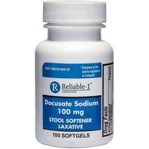 RELIABLE 1 LABORATORIES Docusate Sodium Stool Softener (100 mg, Soft Gel) - Helps Relieve and Prevent Hard Stools Due to Constipation in Kuwait