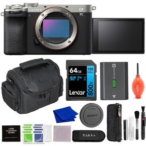 Sony a7C Mirrorless Camera Body (Silver) Bundle with 2X 64GB SD Card, Backpack, Monopod + More | Sony Alpha a7C
