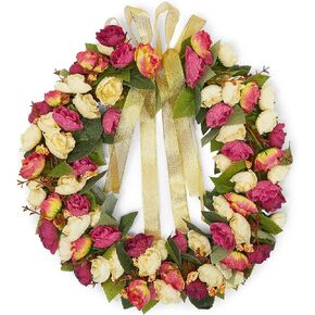 Rose Wreath with Ribbon for Front Door, Valentine Decor (13.3 in, Red, Yellow) in Saudi Arabia