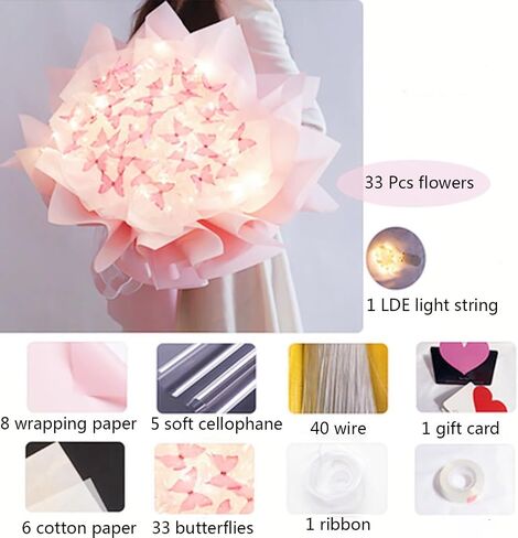 Aiouclay Artificial Flowers, DIY Flower Art Craft Kit, 33 Pcs Butterfly Flower Bouquets with LED String Lights, Beginner Craft Kit, Floral Gifts or Wedding Birthday Party(White) in Saudi Arabia