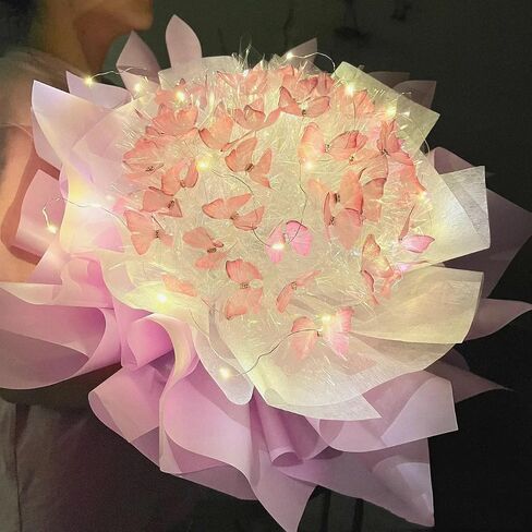 Aiouclay Artificial Flowers, DIY Flower Art Craft Kit, 33 Pcs Butterfly Flower Bouquets with LED String Lights, Beginner Craft Kit, Floral Gifts or Wedding Birthday Party(White) in Saudi Arabia