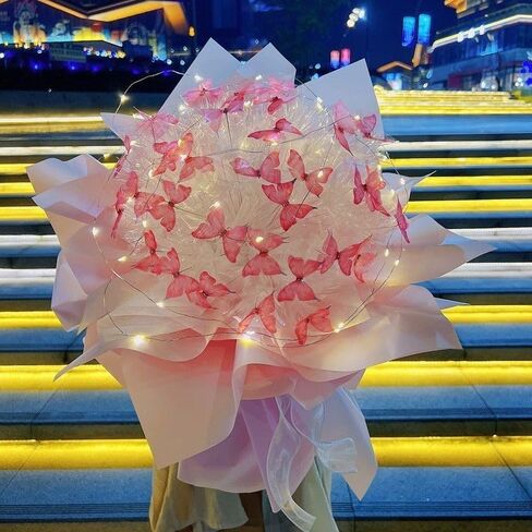 Aiouclay Artificial Flowers, DIY Flower Art Craft Kit, 33 Pcs Butterfly Flower Bouquets with LED String Lights, Beginner Craft Kit, Floral Gifts or Wedding Birthday Party(White) in Saudi Arabia