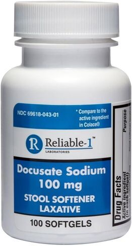 RELIABLE 1 LABORATORIES Docusate Sodium Stool Softener (100 mg, Soft Gel) - Helps Relieve and Prevent Hard Stools Due to Constipation in Kuwait