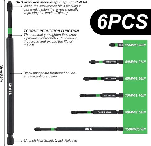 مجموعة رؤوس فيليبس مغناطيسية، 6 قطع من رؤوس فيليبس #2 لمفك البراغي المغناطيسي، رؤوس مثقاب فيليبس مغناطيسية 25-150 ملم، لقم سداسية 1/4 انش لمفك البراغي in Kuwait