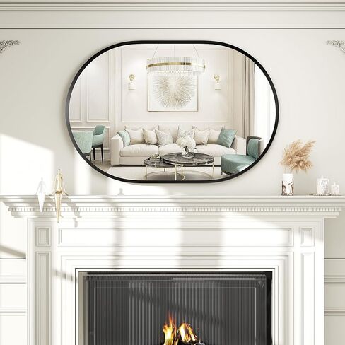 مرآة فاكسامول بيضاوية، مرآة حمام بيضاوية مقاس 45.72 سم × 60.96 سم، مرآة بإطار معدني أسود، تعليق رأسي وأفقي، مرآة زينة مثبتة على الحائط للحمام وغرفة المعيشة وغرفة النوم والمدخل in Kuwait