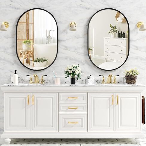 مرآة فاكسامول بيضاوية، مرآة حمام بيضاوية مقاس 45.72 سم × 60.96 سم، مرآة بإطار معدني أسود، تعليق رأسي وأفقي، مرآة زينة مثبتة على الحائط للحمام وغرفة المعيشة وغرفة النوم والمدخل in Kuwait