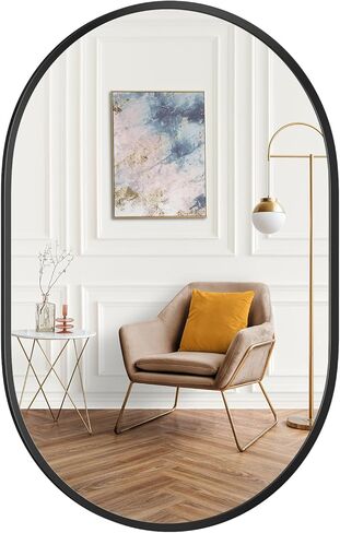 مرآة فاكسامول بيضاوية، مرآة حمام بيضاوية مقاس 45.72 سم × 60.96 سم، مرآة بإطار معدني أسود، تعليق رأسي وأفقي، مرآة زينة مثبتة على الحائط للحمام وغرفة المعيشة وغرفة النوم والمدخل in Kuwait