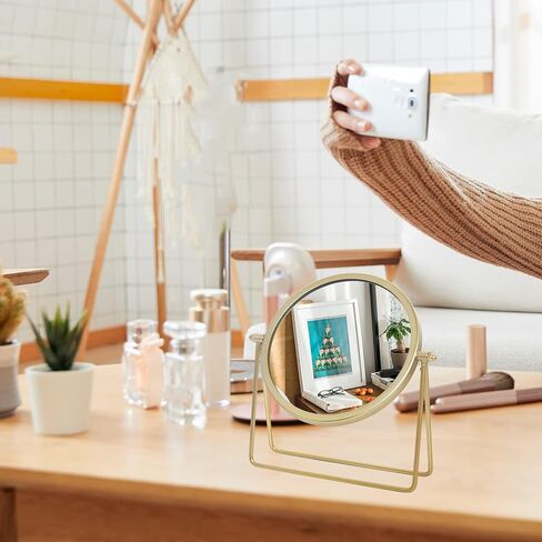 LONGSHENG - SINCE 2001 - Makeup Mirror Single Sided Vanity Mirror Vintage Metal Cosmetic Mirror Round Beauty Mirror Make Up Mirror 6.49inch for Dresser Vanity Table Desk - Gold in Saudi Arabia