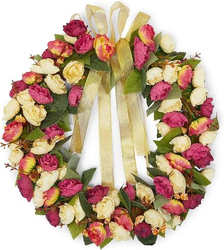 Rose Wreath with Ribbon for Front Door, Valentine Decor (13.3 in, Red, Yellow) in Saudi Arabia