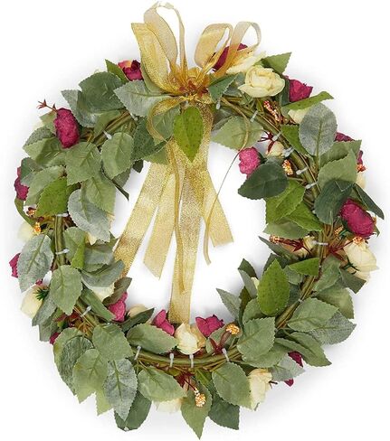 Rose Wreath with Ribbon for Front Door, Valentine Decor (13.3 in, Red, Yellow) in Saudi Arabia
