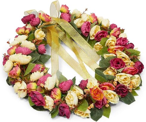 Rose Wreath with Ribbon for Front Door, Valentine Decor (13.3 in, Red, Yellow) in Saudi Arabia
