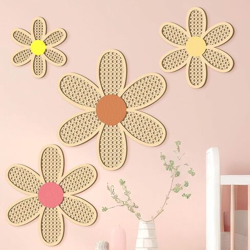 Suzile 4 Pcs Boho Daisy Wall Decor Rattan Wooden Daisies Fresh Color Daisy Nursery Decor Flower Wall Hanging Art for Bedroom Home Office Shelf Farmhouse Decor in Kuwait