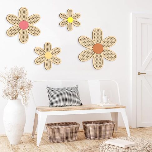 Suzile 4 Pcs Boho Daisy Wall Decor Rattan Wooden Daisies Fresh Color Daisy Nursery Decor Flower Wall Hanging Art for Bedroom Home Office Shelf Farmhouse Decor in Kuwait