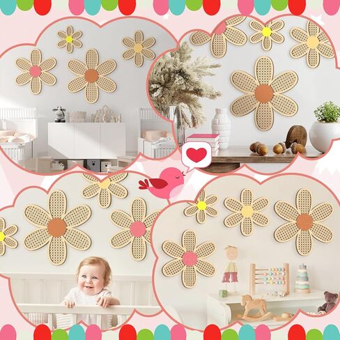 Suzile 4 Pcs Boho Daisy Wall Decor Rattan Wooden Daisies Fresh Color Daisy Nursery Decor Flower Wall Hanging Art for Bedroom Home Office Shelf Farmhouse Decor in Kuwait