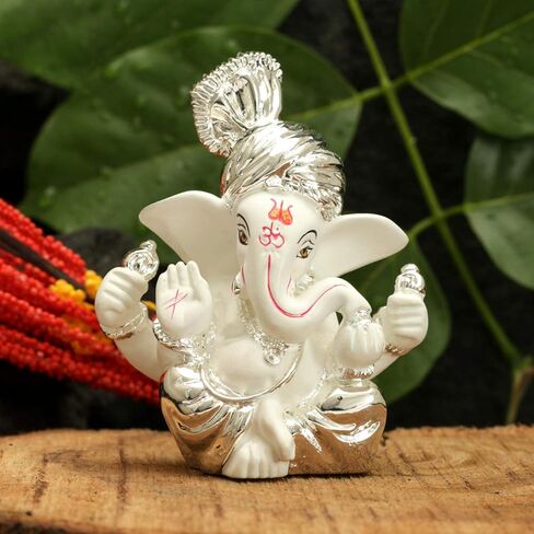 CraftVatika Silver Plated Pagdi Ganesha for Car Dashboard Lord Ganesh Ganpati Idols Home Decor Gifts for Family and Friends (Size 8 x 6 cm) in Kuwait