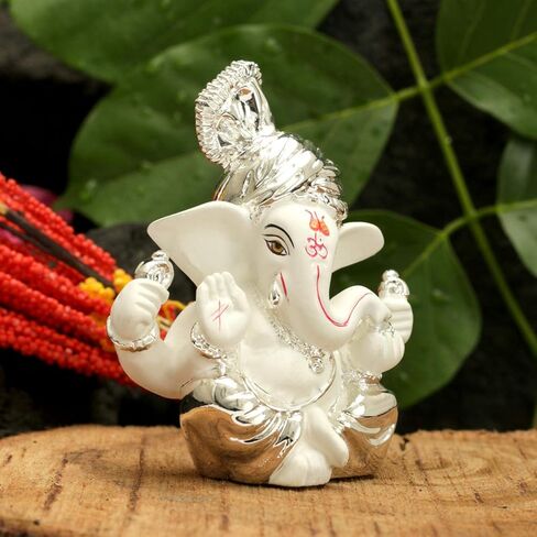CraftVatika Silver Plated Pagdi Ganesha for Car Dashboard Lord Ganesh Ganpati Idols Home Decor Gifts for Family and Friends (Size 8 x 6 cm) in Kuwait