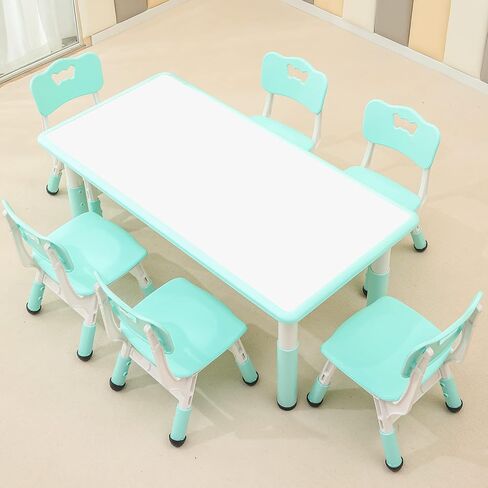 monleelnom Children's Table and Chair Set Suitable for Boys and Girls Age 2-12 Height Adjustable Table top Can be Painted with 6 Seats Suitable for Family Learning Daily use (Wood Color) in Saudi Arabia