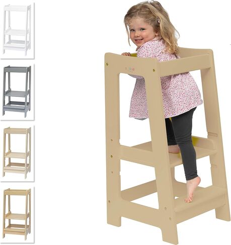 Toddler Tower 3-Level Adjustable Wooden Toddler Step Stool Gray | Toddler Standing Tower with 3 Height Levels, Fits under Counter, Comes with Child-safe Knife & Chopping Board, for 18M - 4Y in Saudi Arabia