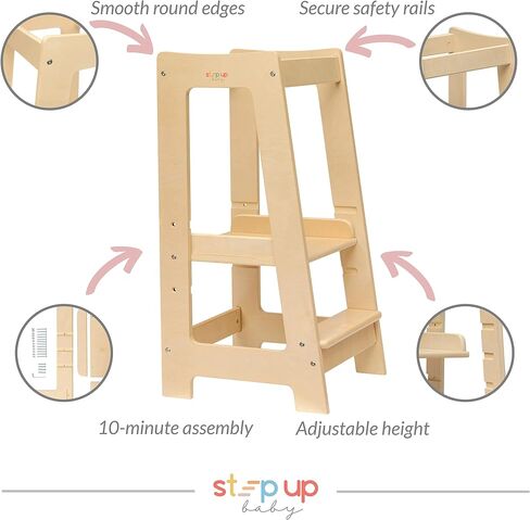 Toddler Tower 3-Level Adjustable Wooden Toddler Step Stool Gray | Toddler Standing Tower with 3 Height Levels, Fits under Counter, Comes with Child-safe Knife & Chopping Board, for 18M - 4Y in Saudi Arabia