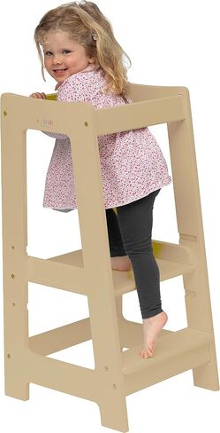 Toddler Tower 3-Level Adjustable Wooden Toddler Step Stool Gray | Toddler Standing Tower with 3 Height Levels, Fits under Counter, Comes with Child-safe Knife & Chopping Board, for 18M - 4Y in Saudi Arabia