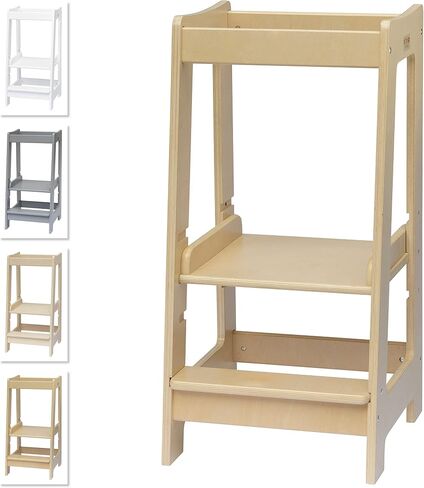 Toddler Tower 3-Level Adjustable Wooden Toddler Step Stool Gray | Toddler Standing Tower with 3 Height Levels, Fits under Counter, Comes with Child-safe Knife & Chopping Board, for 18M - 4Y in Saudi Arabia