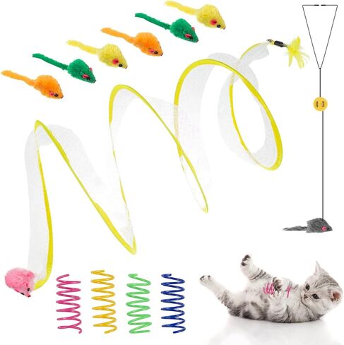 FRIUSATE Folded Cat Tubes Cat Tunnel Bed Collapsible Cat Tunnel with Bell Cat Teaser Triangular Hook Spring Colorful Mouse, Cat Tunnels for Indoor Cats in Kuwait