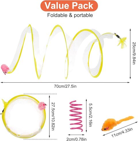 FRIUSATE Folded Cat Tubes Cat Tunnel Bed Collapsible Cat Tunnel with Bell Cat Teaser Triangular Hook Spring Colorful Mouse, Cat Tunnels for Indoor Cats in Kuwait