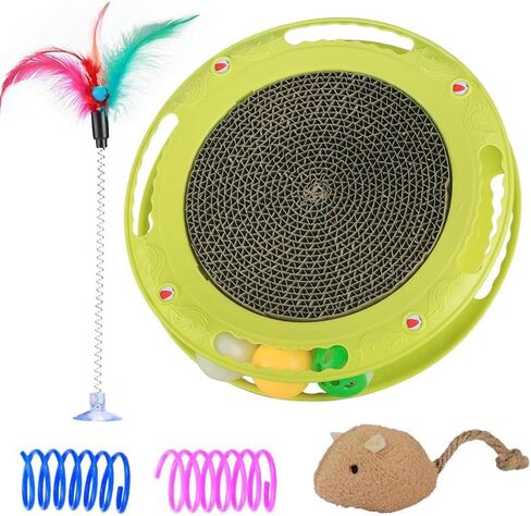 لعبة HANJIANGSHUI 3 في 1 للقطط، لعبة خدش القطط، لعبة كرة القطط، مسار دوار مع كرة، لعبة القطط، تدريب ذكاء القطط (حزمة واحدة مع ماوس واحد، عصا إغاظة القطط و2 لعبة لعب زنبركية (أخضر) in Kuwait