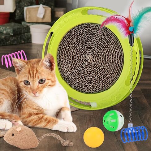 لعبة HANJIANGSHUI 3 في 1 للقطط، لعبة خدش القطط، لعبة كرة القطط، مسار دوار مع كرة، لعبة القطط، تدريب ذكاء القطط (حزمة واحدة مع ماوس واحد، عصا إغاظة القطط و2 لعبة لعب زنبركية (أخضر) in Kuwait