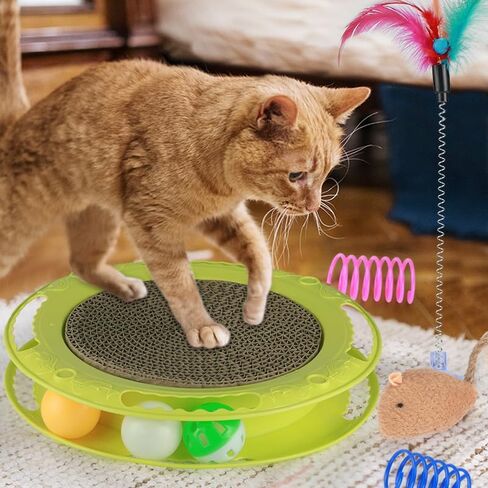 لعبة HANJIANGSHUI 3 في 1 للقطط، لعبة خدش القطط، لعبة كرة القطط، مسار دوار مع كرة، لعبة القطط، تدريب ذكاء القطط (حزمة واحدة مع ماوس واحد، عصا إغاظة القطط و2 لعبة لعب زنبركية (أخضر) in Kuwait